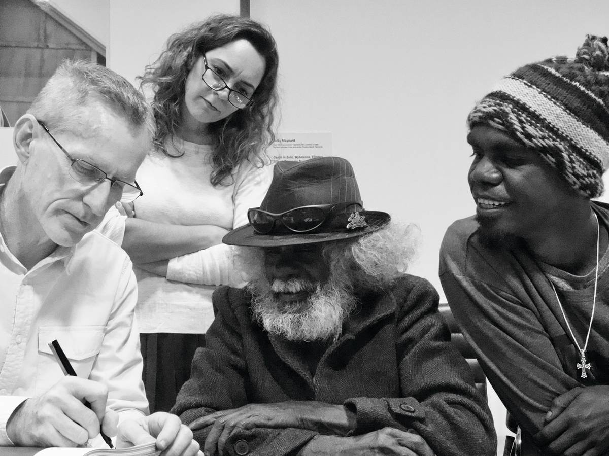 Murray Garde, Clothilde Bullen, John Mawurndjul and Ananais Jawulba, 2018. Photograph: Nici Cumpston