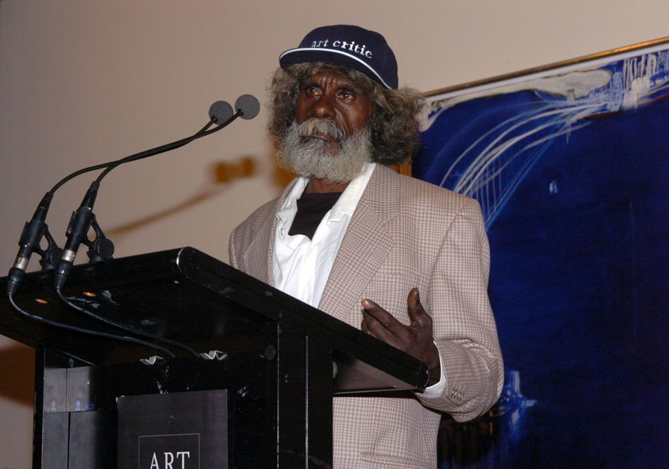 John Mawurndjul speaking at the opening of Crossing Country: The Alchemy of Western Arnhem Land Art